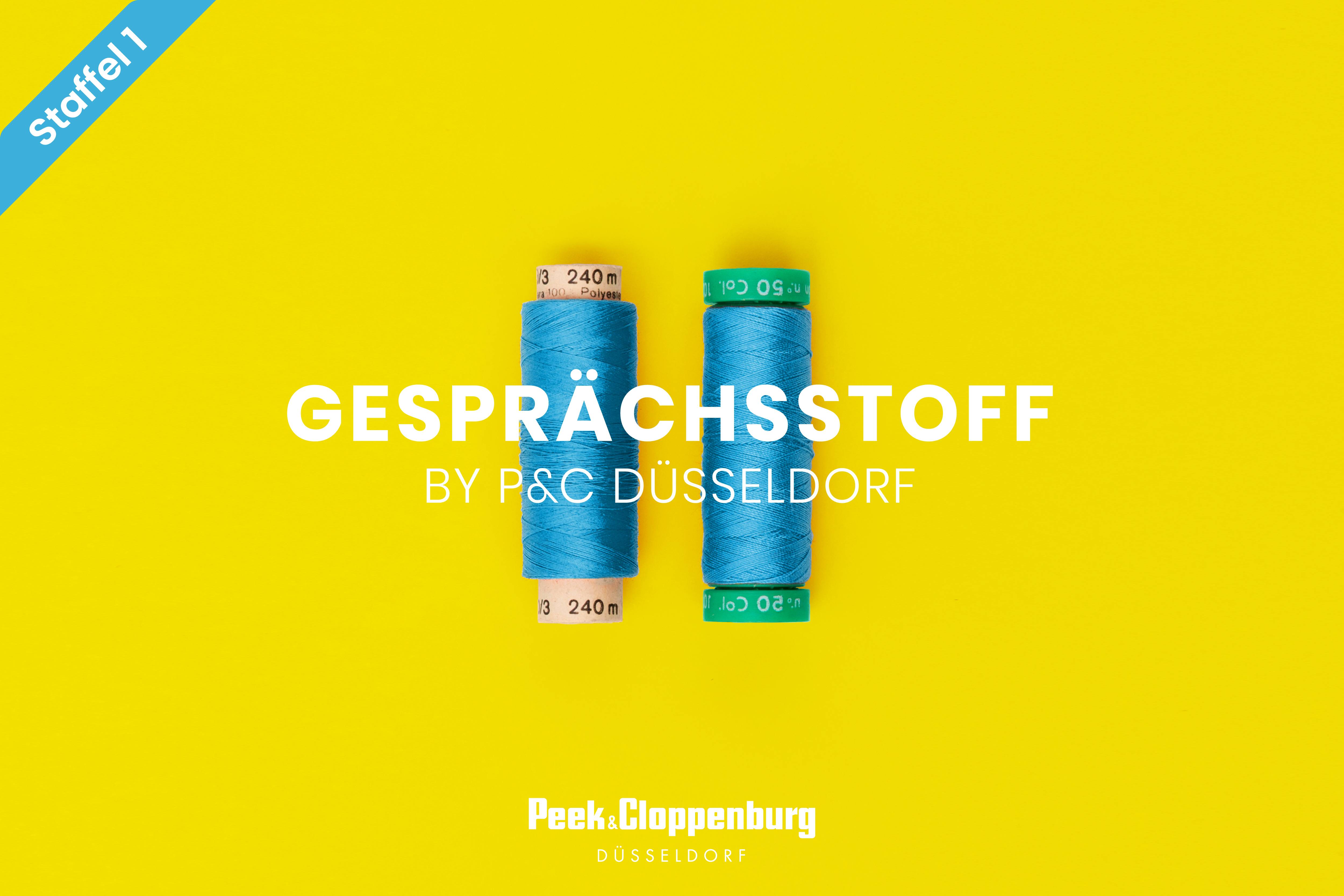 Podcast-Logo Gesprächsstoff mit zwei blauen Garnrollen.