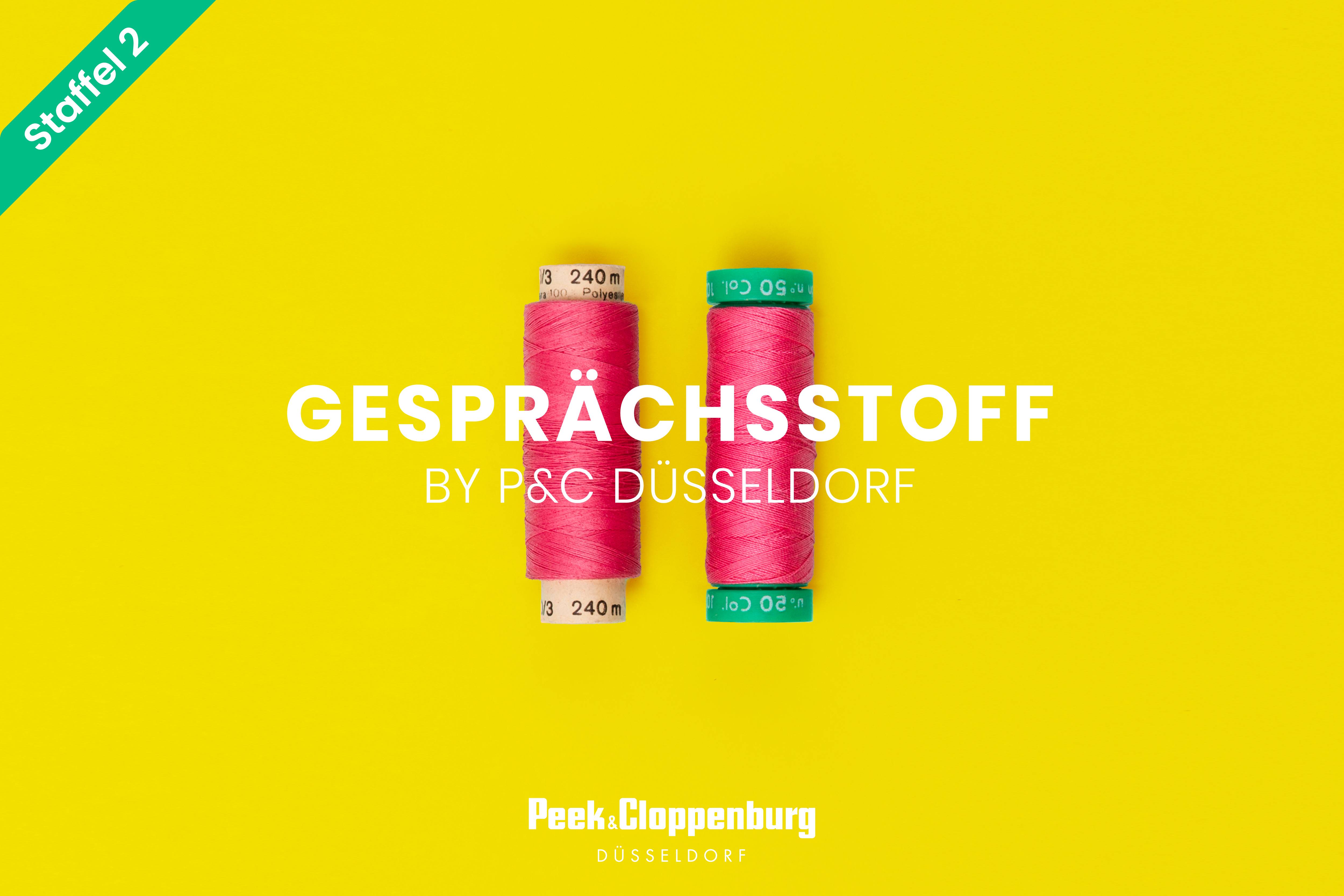 Podcast-Logo Gesprächsstoff mit zwei roten Garnrollen.