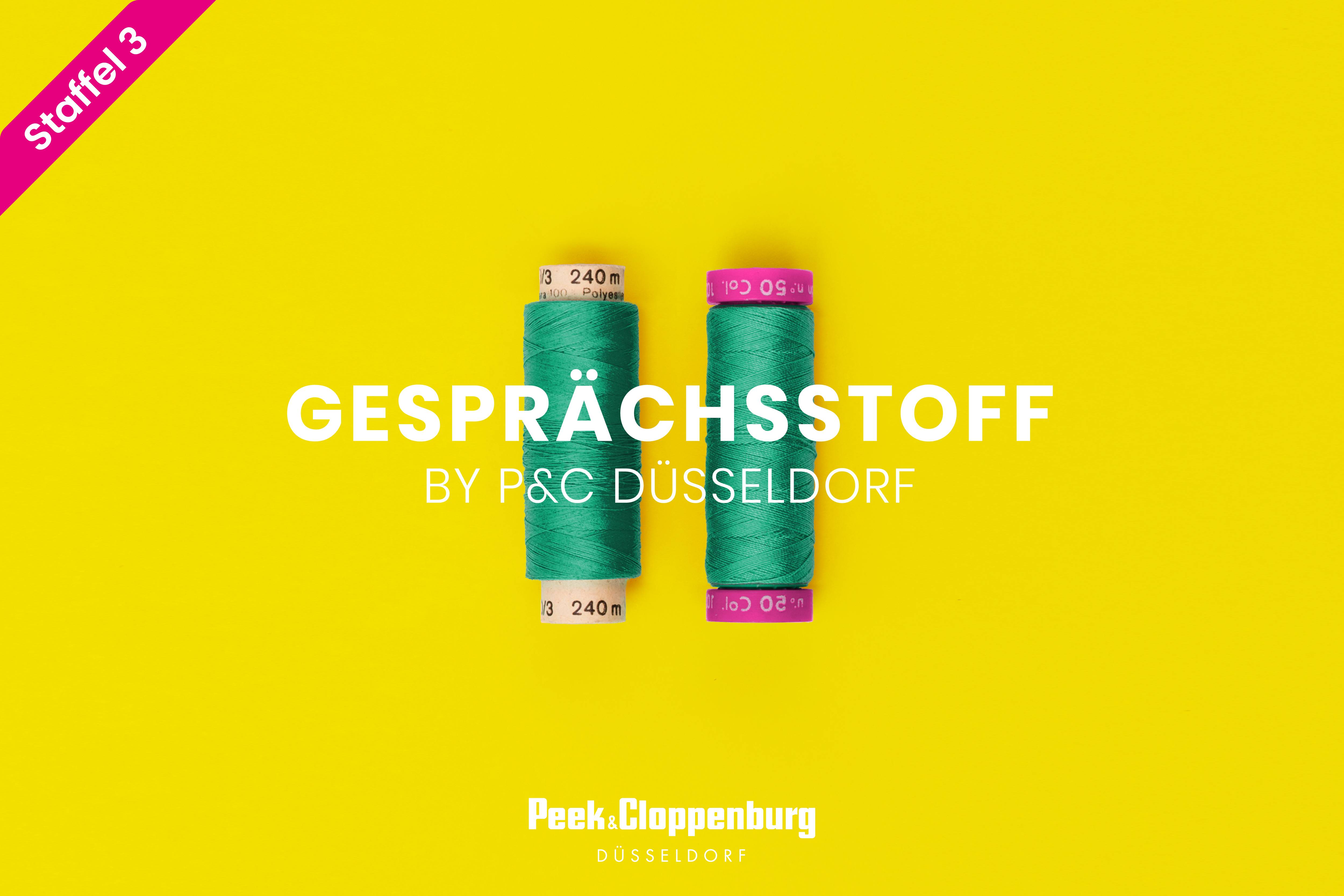 Podcast-Logo Gesprächsstoff mit zwei grünen Garnrollen.
